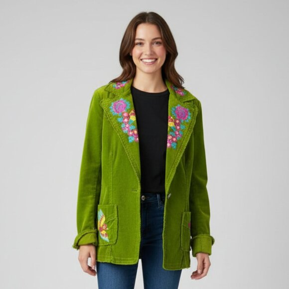 Johnny Was M Green Corduroy Embroidered Jacket Wearable Art Birds Heart - Picture 1 of 15